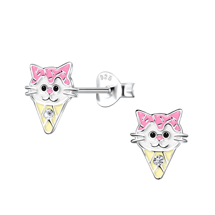Joy|S - Zilveren kat ijsje oorbellen - roze geel - kristal - 7 x 9 mm - kinderoorbellen
