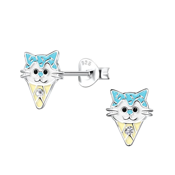 Joy|S - Zilveren kat ijsje oorbellen - turquoise geel - kristal - 7 x 9 mm - kinderoorbellen