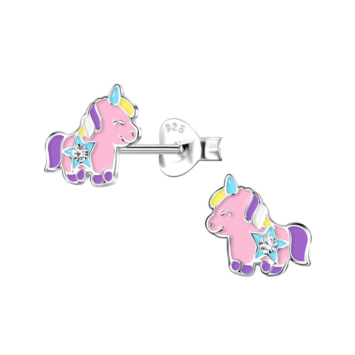 Joy|S - Zilveren baby eenhoorn oorbellen - 9 x 7 mm - roze met turquoise ster - kristal - unicorn oorknoppen - kinderoorbellen