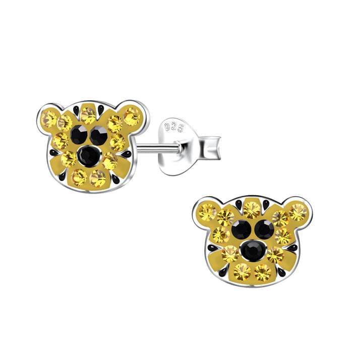 Joy|S - Zilveren tijger oorbellen - 9 x 7 mm - oker geel met kristalletjes - kinderoorbellen