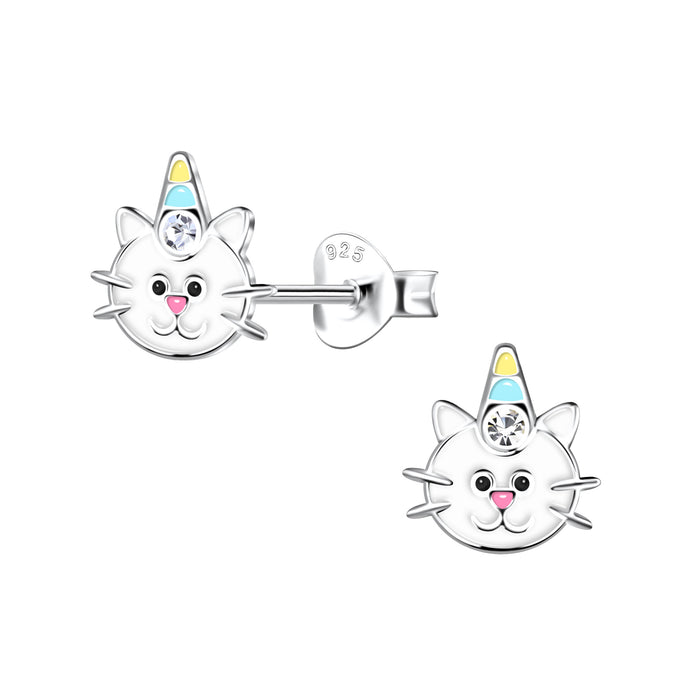 Joy|S - Zilveren kat poes oorbellen - met feestmutsje / hoorn en een roze neusje - 7 x 8 mm - kristal - caticorn - kinderoorbellen