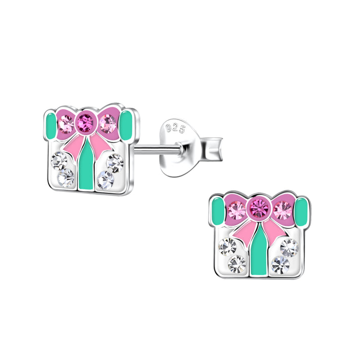 Joy|S - Zilveren cadeau oorbellen - 8 mm - met kristal en roze strik - verjaardag - kado - kinderoorbellen