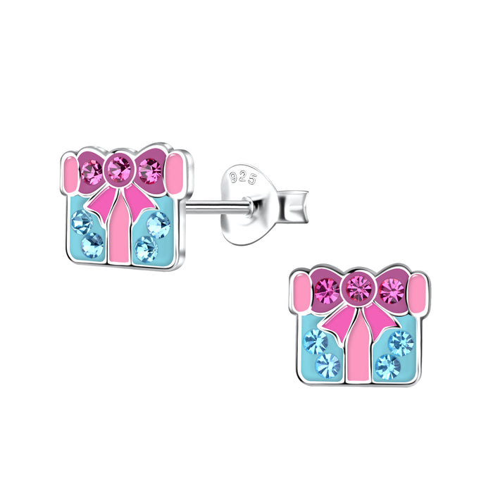 Joy|S - Zilveren cadeau oorbellen - 8 mm - roze turquoise met kristal en roze strik - verjaardag - kado - kinderoorbellen