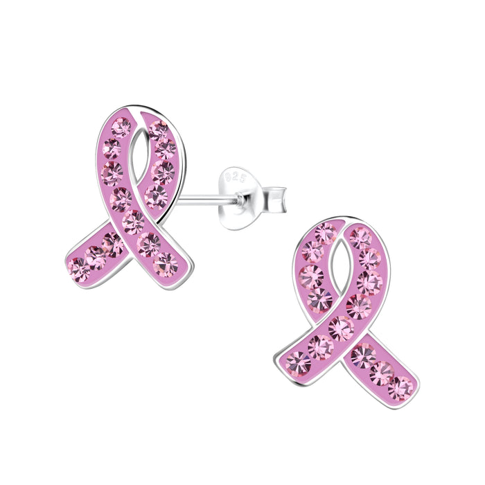 Joy|S - Zilveren lintje oorbellen - 11 x 14 mm - pink ribbon - roze kristal - oorknoppen met vlindersluiting