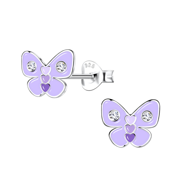 Joy|S - Zilveren vlinder oorbellen - 9 x 7 mm - lila paars - met 3 hartjes - kristal - kinderoorbellen