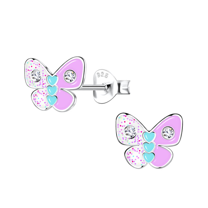 Joy|S - Zilveren vlinder oorbellen - 9 x 7 mm - glitter wit met roze - 3 hartjes blauw / turquoise - kristal - kinderoorbellen