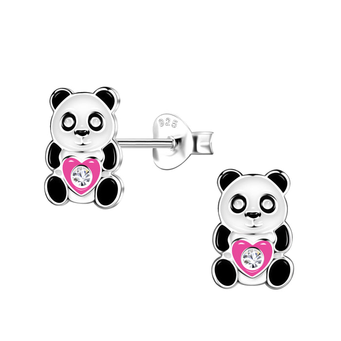 Joy|S - Zilveren Panda oorbellen - 6 x 9 mm - zwart wit met roze hartje - kristal - kinderoorbellen