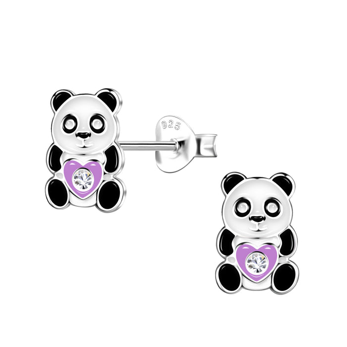 Joy|S - Zilveren Panda oorbellen - 6 x 9 mm - zwart wit met paars hartje - kristal - kinderoorbellen