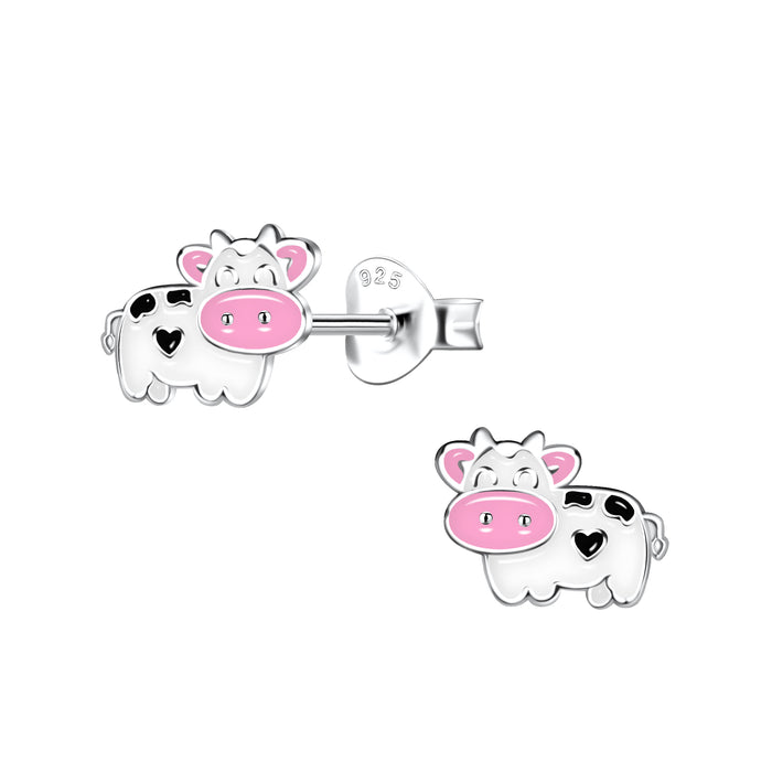 Joy|S - Zilveren koe oorbellen - 8 x 6 mm - zwart wit roze - kinderoorbellen