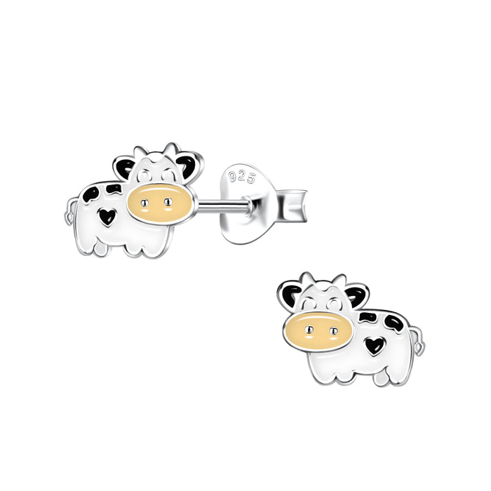 Joy|S - Zilveren koe oorbellen - 8 x 6 mm - zwart wit creme - kinderoorbellen