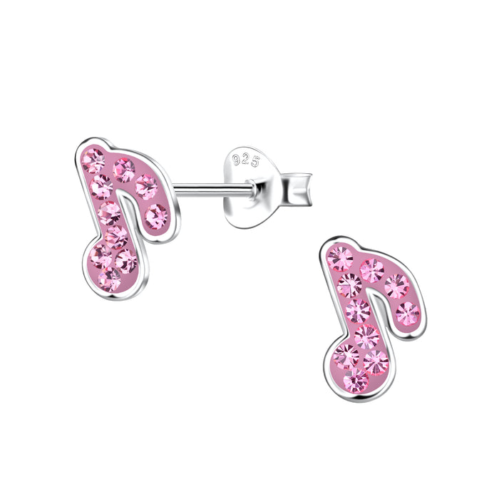 Joy|S - Zilveren muzieknoot oorbellen - 7 x 9 mm - roze kristal - muziek noot oorknoppen
