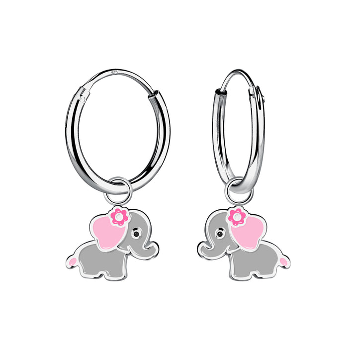 Joy|S - Zilveren olifant bedel oorbellen - oorringen - grijs met roze oortjes en roze bloemetje - rhodium / gehodineerd
