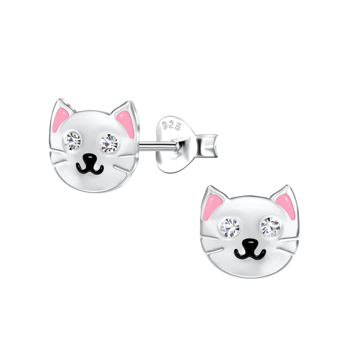 Joy|S - Zilveren kat poes oorbellen - zilver met roze oortjes - 8 x 7 mm - kristal - sterling zilver 925