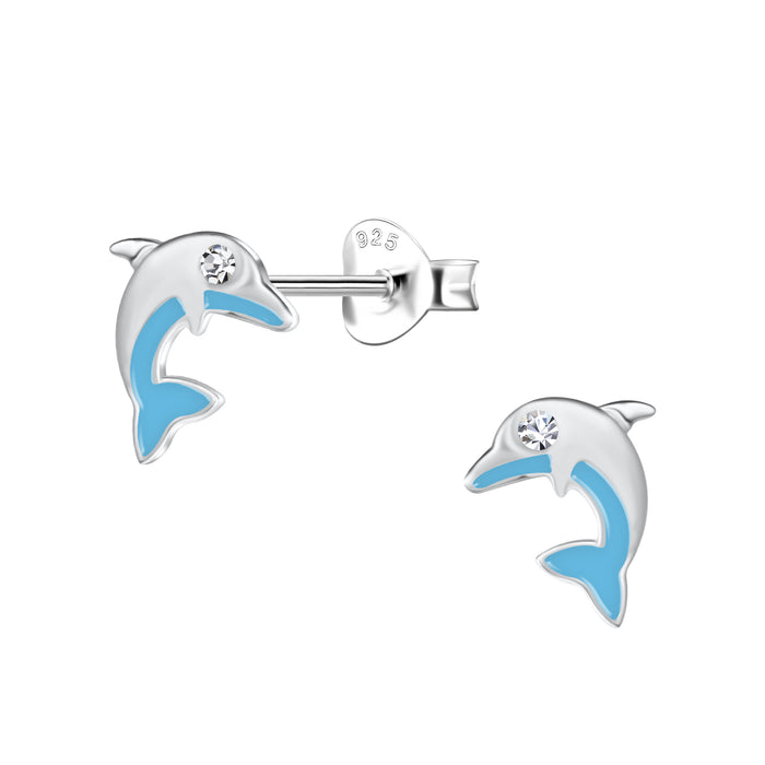Joy|S - Zilveren dolfijn oorbellen - zilver met blauw - 7 x 8 mm - kristal - sterling zilver 925