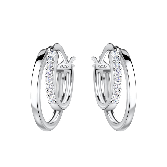 Joy|S - Zilveren oorbellen - 16 mm oorringen met 12 mm dubbele ring met zirkonia - Franse sluiting - zirkonia - sterling zilver 925