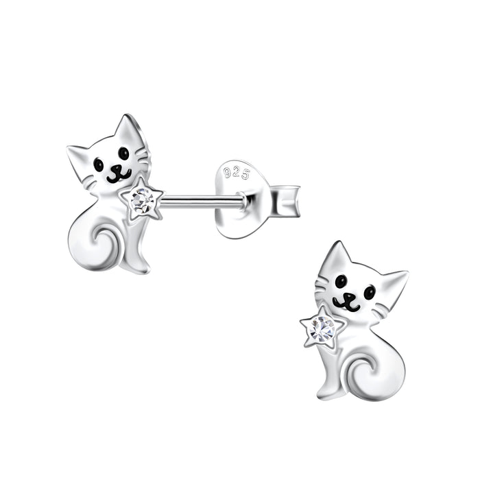 Joy|S - Zilveren kat poes oorbellen - zilver met ster - 7 x 9 mm - sterling zilver 925