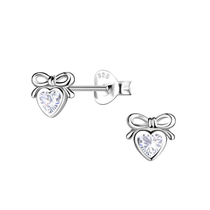 Joy|S - Zilveren hartje met strikje oorbellen - zilver met zirkonia - 6 x 6 mm - sterling zilver 925