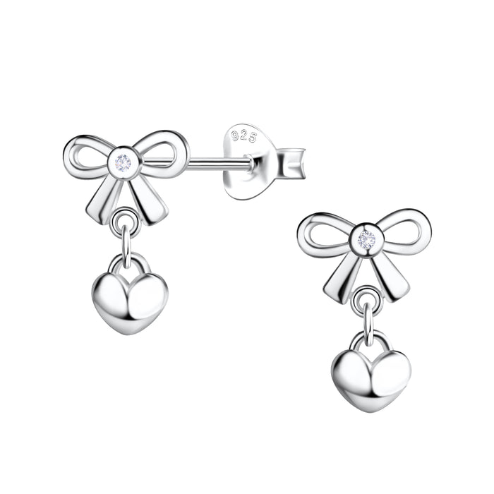 Joy|S - Zilveren strikje met hartje bedel oorbellen - zilver - 8 x 12 mm - massief - gepolijst - kristal - sterling zilver 925