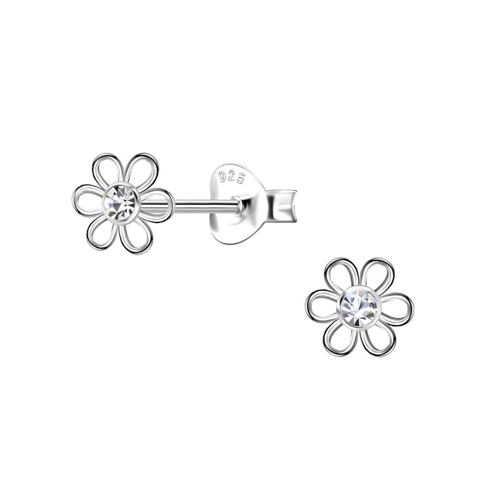 Joy|S - Zilveren bloem oorbellen - 6 mm - bloemetjes met kristal - oorknopjes - sterling zilver 925