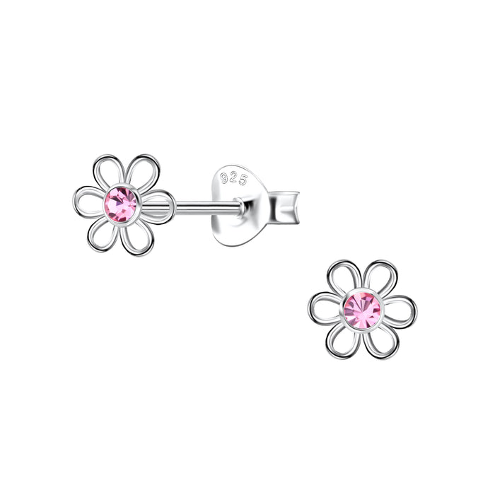 Joy|S - Zilveren bloem oorbellen - 6 mm - bloemetjes met roze kristal - oorknopjes - sterling zilver 925