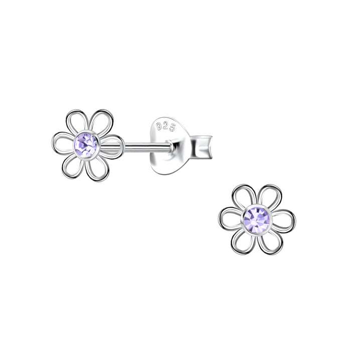 Joy|S - Zilveren bloem oorbellen - 6 mm - bloemetjes met paars / lila kristal - oorknopjes - sterling zilver 925