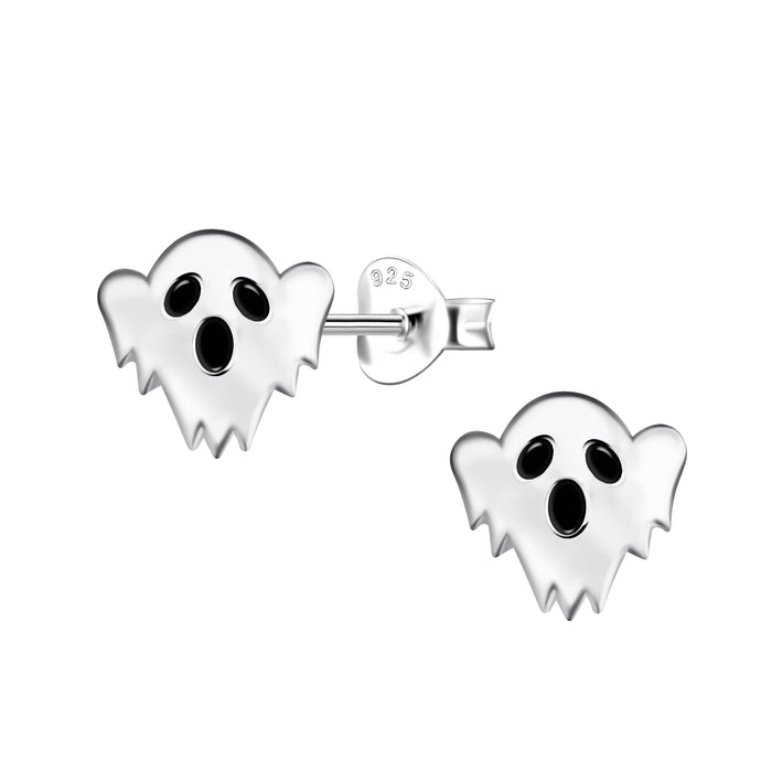 Joy|S - Zilveren spook oorbellen - 8 mm - sterling zilver 925 met zwarte accentjes - kinderoorbellen - halloween oorknoppen