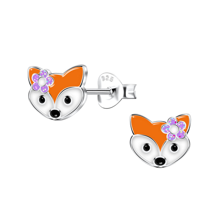 Joy|S - Zilveren vos oorbellen - vosje met paars bloemetje - 7 x 6 mm - kinderoorbellen - sterling zilver 925