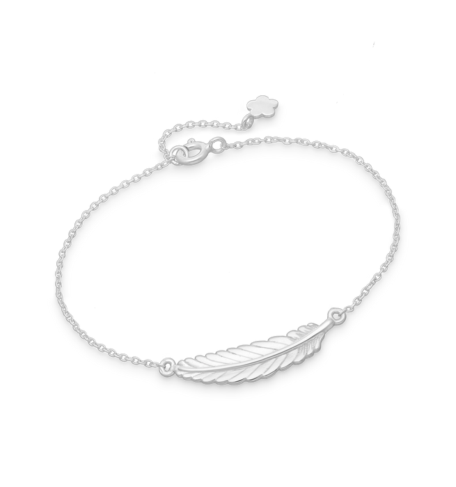 Joy|S - Zilveren armband - veer (27 x 5 mm) - bloem - karabijn sluiting - 20 cm met extra oogje op 17.5 cm