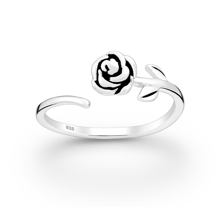 Joy|S - Zilveren roos ring - verstelbaar (maat: zie omschrijving) - geoxideerd - bloem aanschuifring