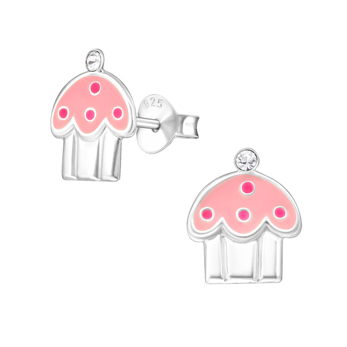 Joy|S - Zilveren cupcake oorbellen - 11 x 13 mm - zilver roze - kinderoorbellen