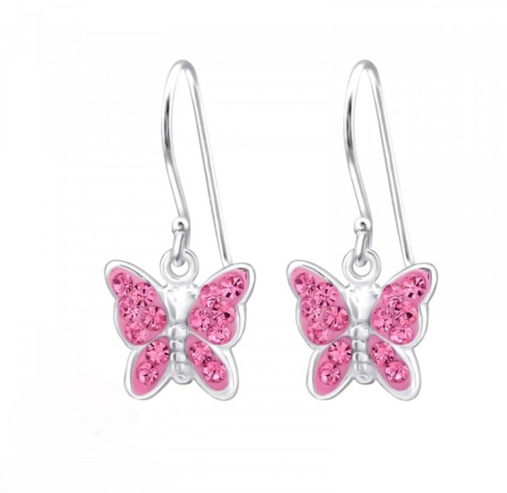 Joy|S - Zilveren vlinder bedel oorbellen - oorhangers - magenta roze kristal - kinderoorbellen