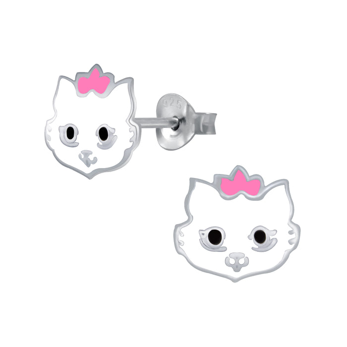 Joy|S - Zilveren kat poes oorbellen - wit met roze - 10 x 8 mm