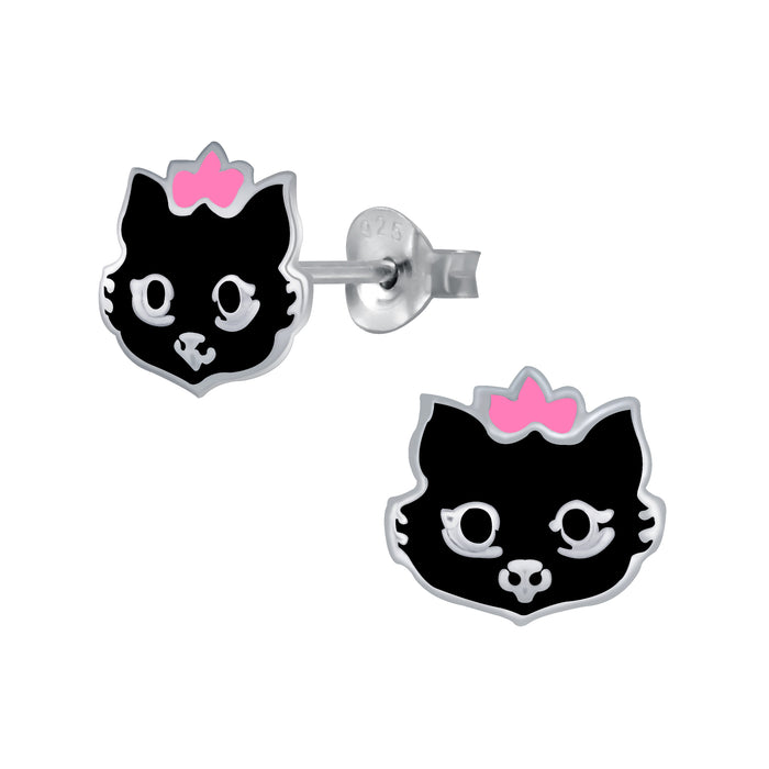 Joy|S - Zilveren kat poes oorbellen - zwart met roze - 10 x 8 mm