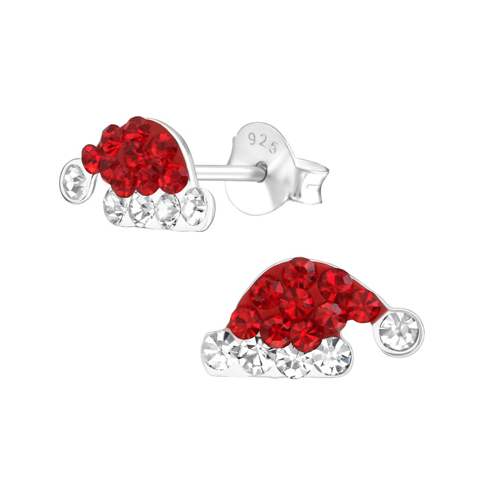 Joy|S - Zilveren kerstmuts oorbellen - 10 x 5 mm - rood wit kristal - kerst oorknoppen - kinderoorbellen