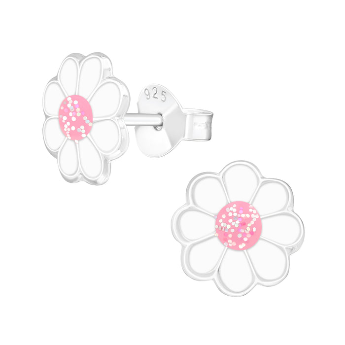 Joy|S - Zilveren madeliefje bloem oorbellen - 8 mm - wit met roze en kleine glittertjes - kinderoorbellen