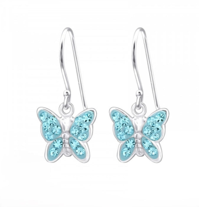 Joy|S - Zilveren vlinder bedel oorbellen - oorhangers - blauw kristal - kinderoorbellen