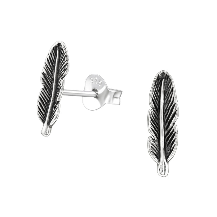 Joy|S - Zilveren veer oorbellen - 12 x 4 mm - geoxideerd - oorknoppen massief