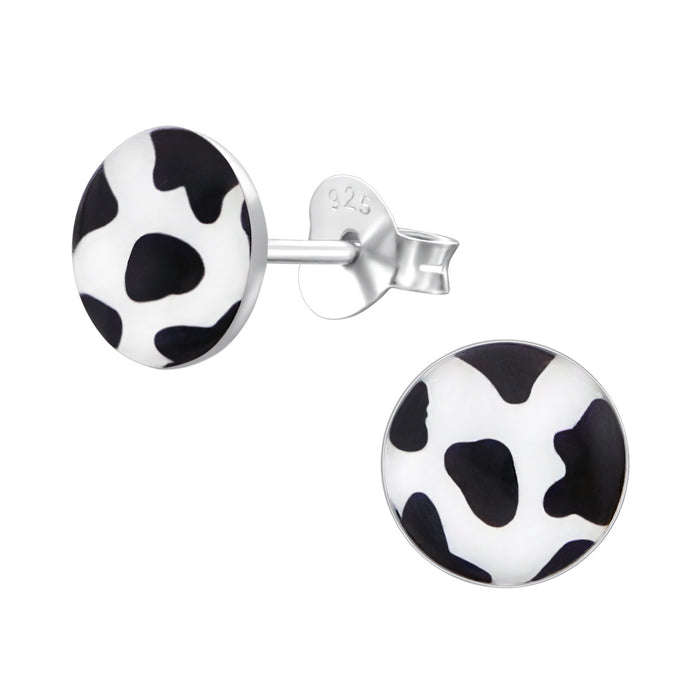Joy|S - Zilveren rond oorbellen - koe print - 7 mm - zwart wit
