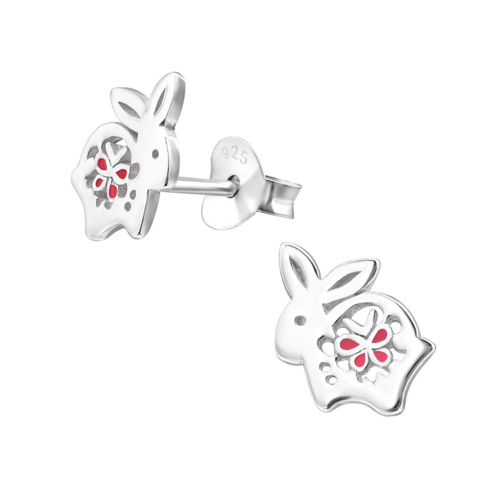 Joy|S - Zilveren konijn oorbellen - zilver met roze vlinder - 8 x 9 mm - massief - kinderoorbellen