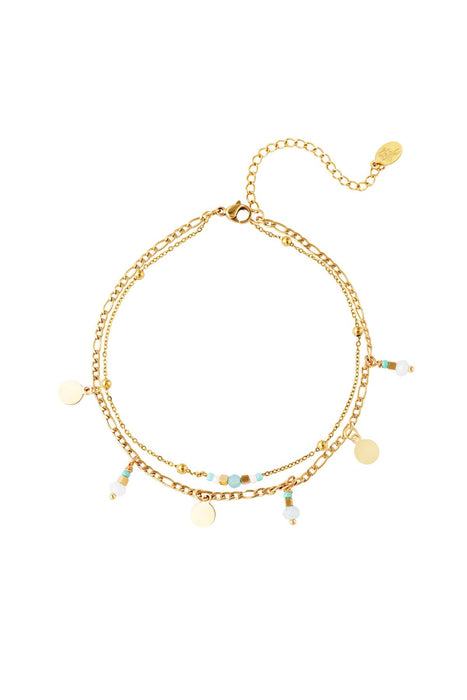 Joy Ibiza - enkelbandje - blauw witte kraaltjes en coin bedeltjes - lobster sluiting - double layer - enkel party boho - bohemian style - stainless steel - ip/pvd goldplated