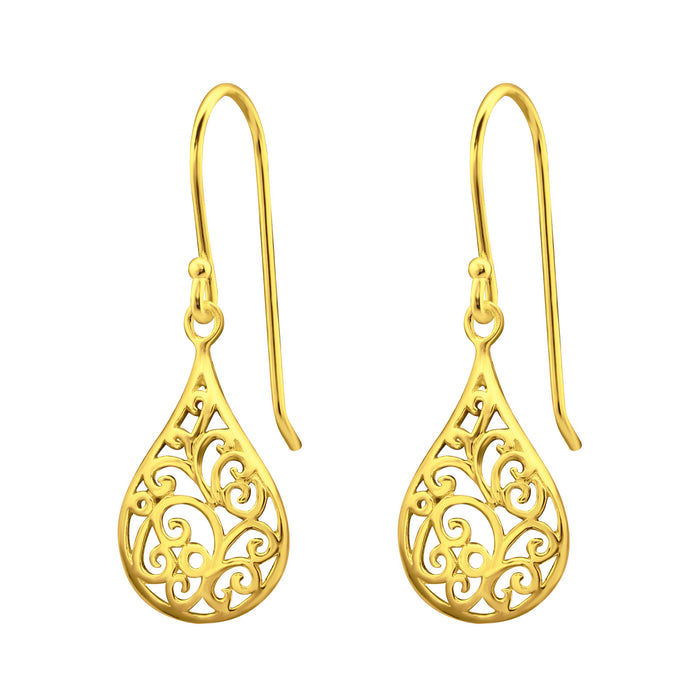 Joy|S - Zilveren druppel bedel oorbellen - peer vormige oorhangers - sierlijk bewerkt - gold plated