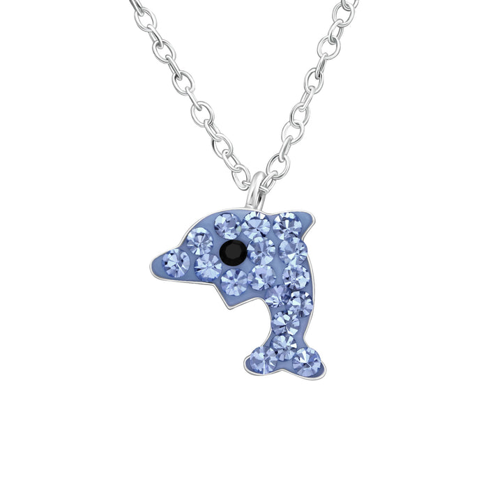 Joy|S - Zilveren dolfijn hanger 11 x 10 mm kristal blauw met ketting 39 cm Sterling zilver 925