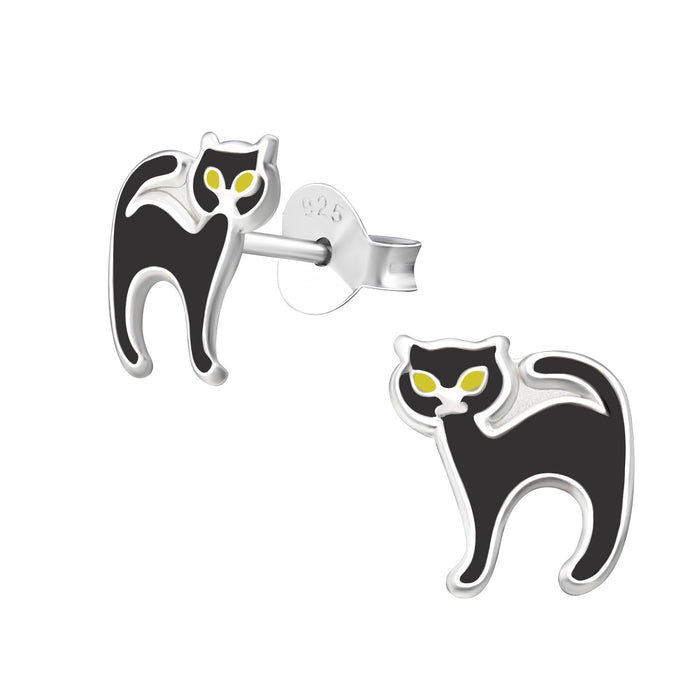 Joy|S - Zilveren kat poes oorbellen - zwart met gele oogjes - 8 mm - halloween - kinderoorbellen