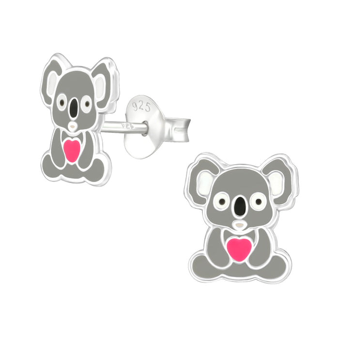 Joy|S - Zilveren koala oorbellen met roze hartje - 9 x 8 mm