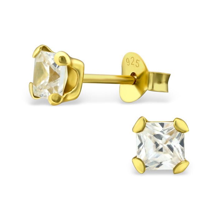 Joy|S - Zilveren classic vierkant oorbellen 5 mm kristal - goudplating