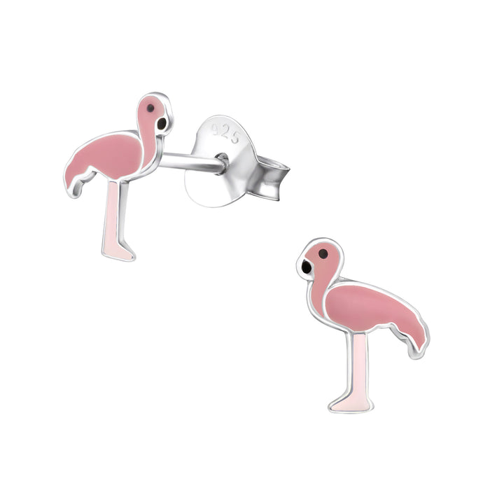 Joy|S - Zilveren roze vogel oorbellen - 7 x 8 mm - flamingo