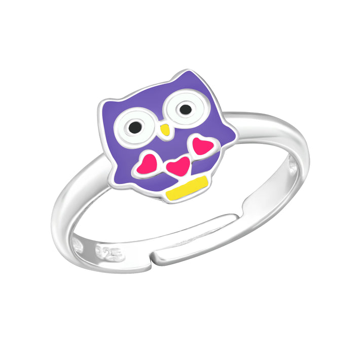 Joy|S - Zilveren uil ring verstelbaar paars met roze hartjes