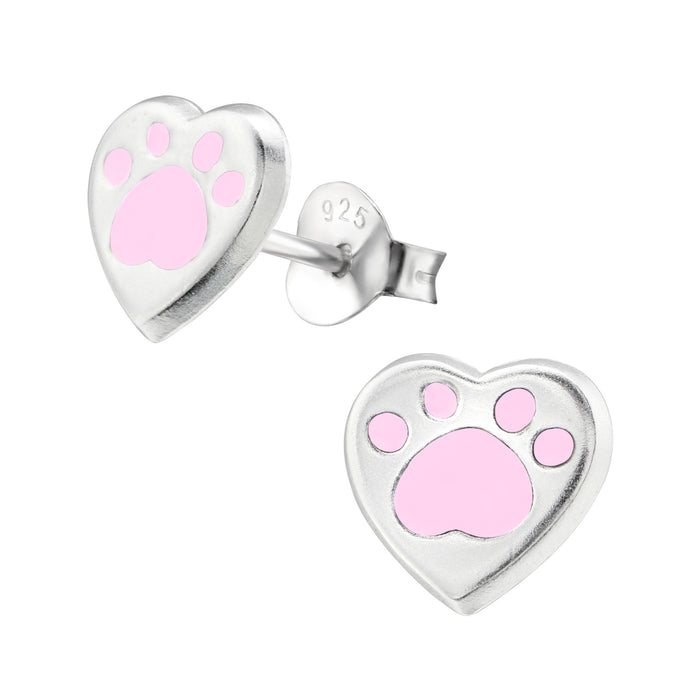 Joy|S - Zilveren hartje oorbellen - kat hond dierenpoot - 8 x 7 mm - poot roze