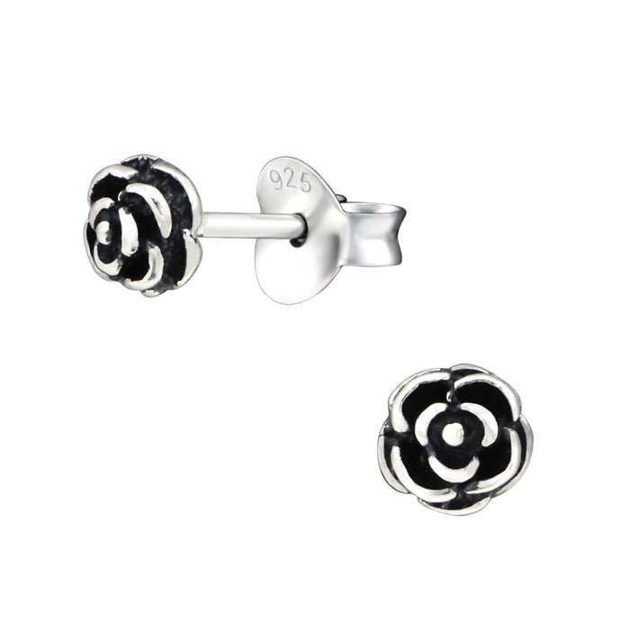 Joy|S - Zilveren petit roosje oorbellen - 4 mm - geoxideerd