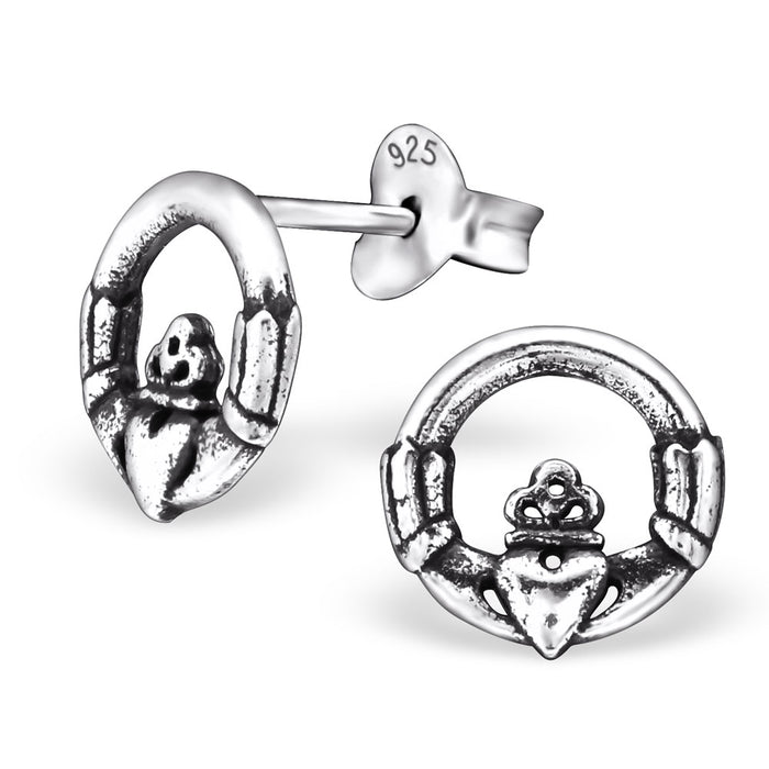 Joy|S - Zilveren Ierse Claddagh oorbellen - rond 8 mm - geoxideerd